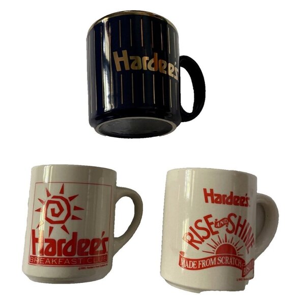 Vintage Hardees Logo Coffee Mugs Set Of 3 Breakfast Club & Rise And Shine Design - Picture 3 of 10